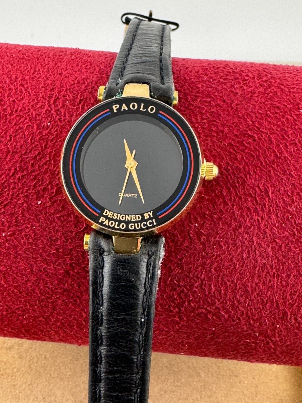 Vintage Paolo Gucci 18K Gold Plated Swiss Watch New Italian Black Strap